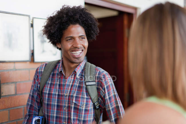 Student smiling in hallway, selective focus — Stock Photo