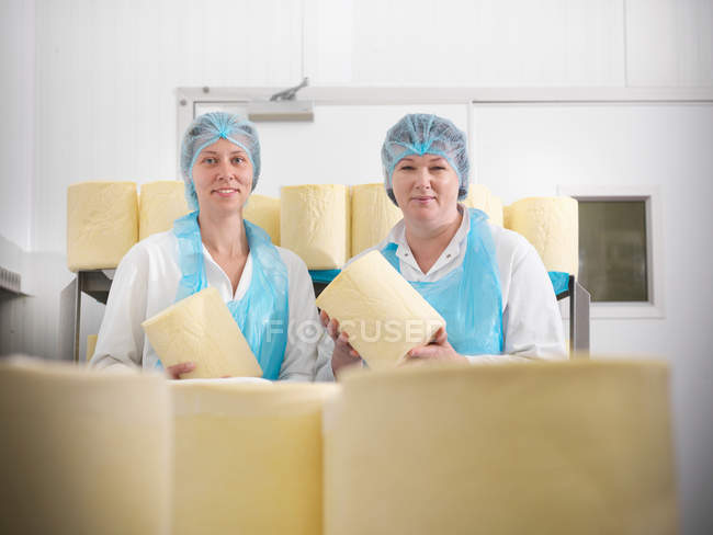 Рабочие с круглыми сырами на сырном заводе — стоковое фото