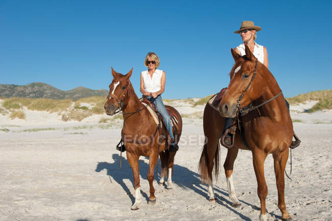 2 personas a caballo en la playa - foto de stock