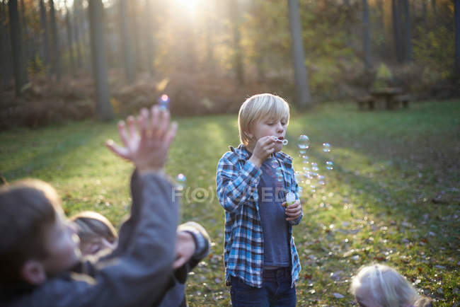 Bambini che giocano con le bolle nella foresta in retroilluminazione — Foto stock