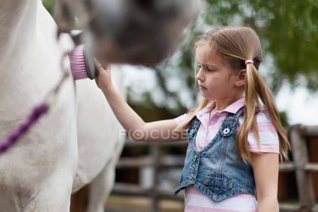 Chica cepillando caballo, enfoque selectivo - foto de stock