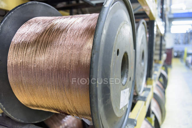 Copper cable in cable factory, close up — Stock Photo