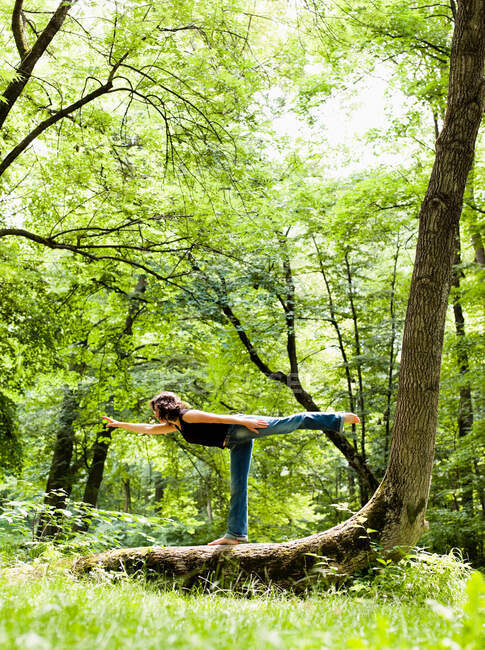 Жінка, яка займається йогою в лісі — стокове фото