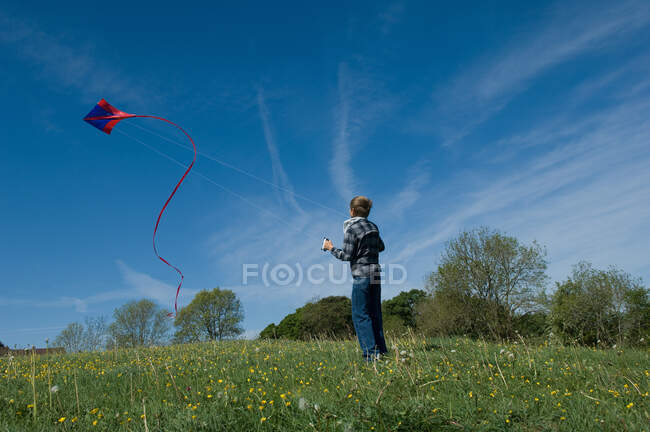 Хлопчик літає повітряним змієм у полі — стокове фото