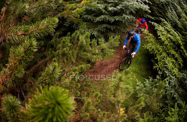 Couple mountain biking on dirt path, high angle view — Stock Photo