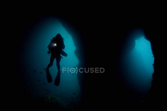 Buceador nadando en cueva submarina - foto de stock