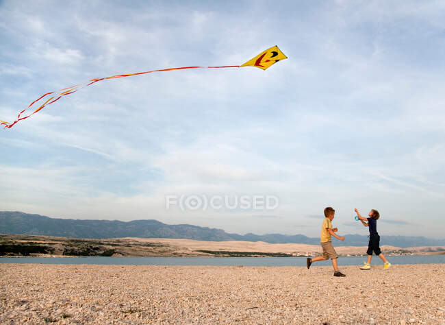 Niños volando cometa en la playa - foto de stock