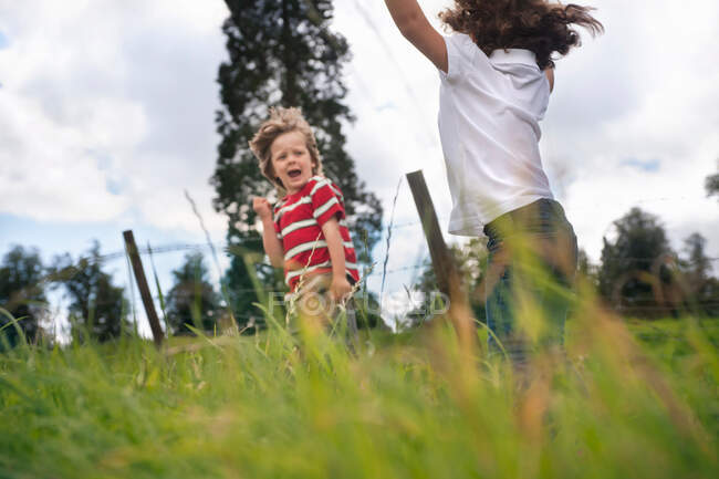 Enfants jouant dans un champ herbeux — Photo de stock