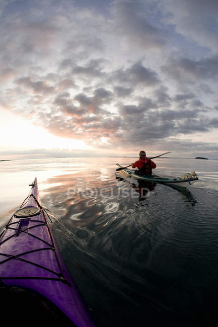 Hombre kayak en todavía lago, enfoque selectivo - foto de stock