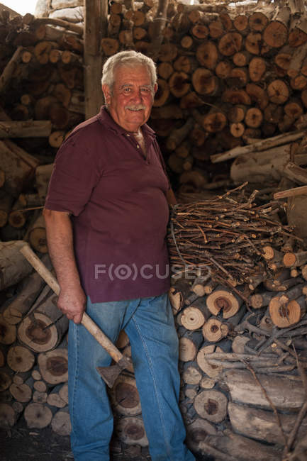 Homem segurando machado em madeira no galpão — Fotografia de Stock
