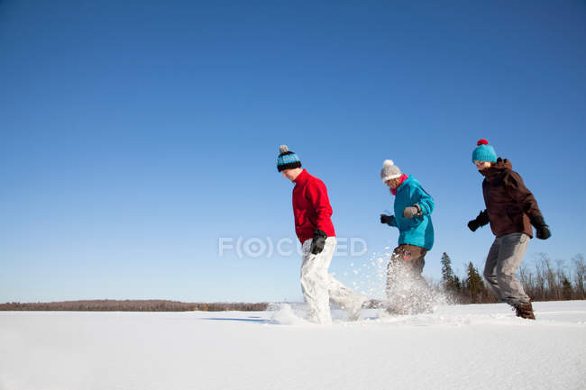 Amigos brincando na neve ao ar livre — Fotografia de Stock