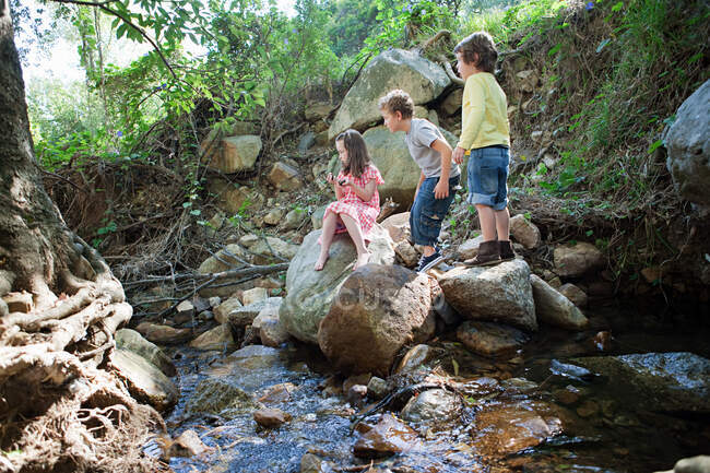 Niños en las rocas por el río - foto de stock