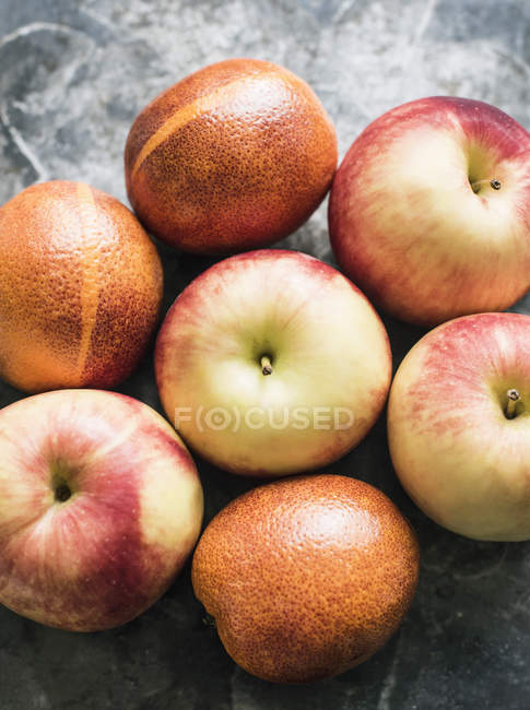 Manzanas y naranjas sobre superficie gris - foto de stock