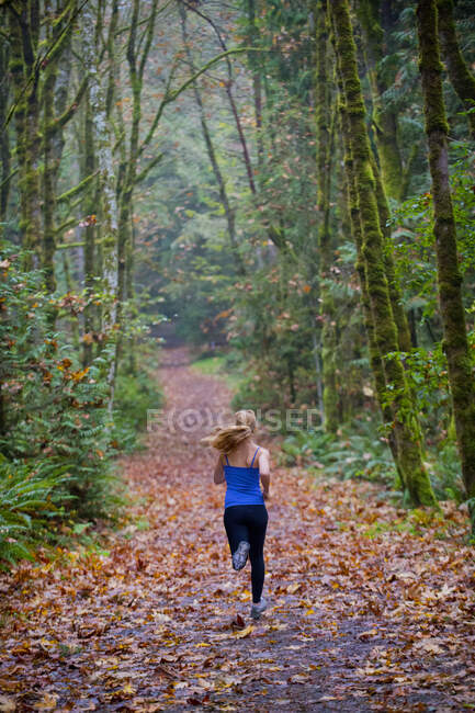 Girl jogging in forest — Stock Photo