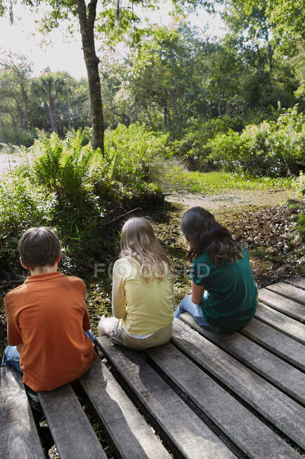 Três crianças sentadas no calçadão na floresta — Fotografia de Stock