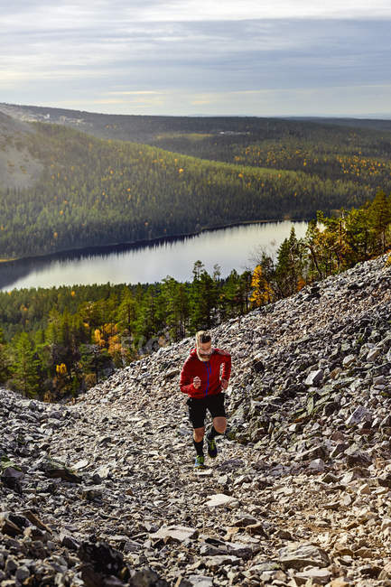 Trail runner salita ripida collina, Kesankitunturi, Lapponia, Finlandia — Foto stock