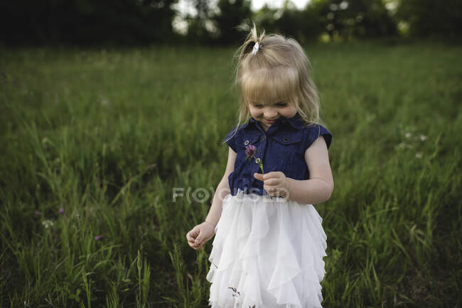 Fille dans champ tenant fleur — Photo de stock