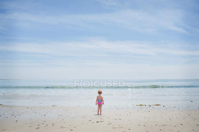 Акуратна дівчинка-малюк дивиться море — стокове фото