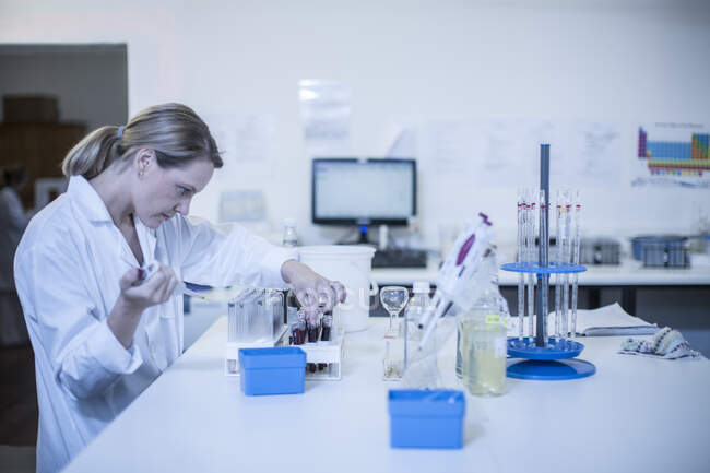 Cape Town, Afrique du Sud, jeune femme testant des tubes en laboratoire — Photo de stock