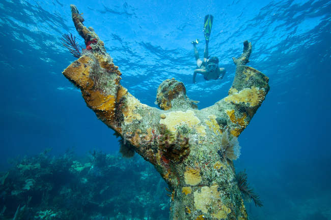 Buceador nadando bajo el agua y estatua en primer plano - foto de stock