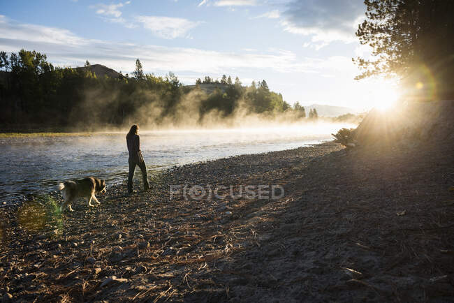 Cane da passeggio donna sulla riva del fiume Bitterroot, Missoula, Montana, Stati Uniti — Foto stock
