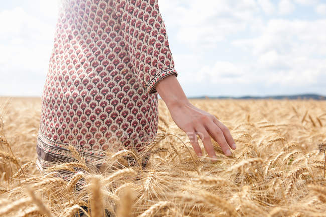 Secção média da mulher no campo de trigo — Fotografia de Stock