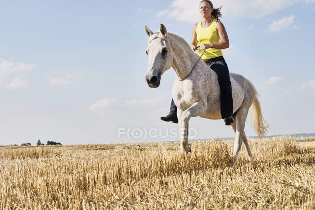 Woman riding grey horse bareback in field — Stock Photo