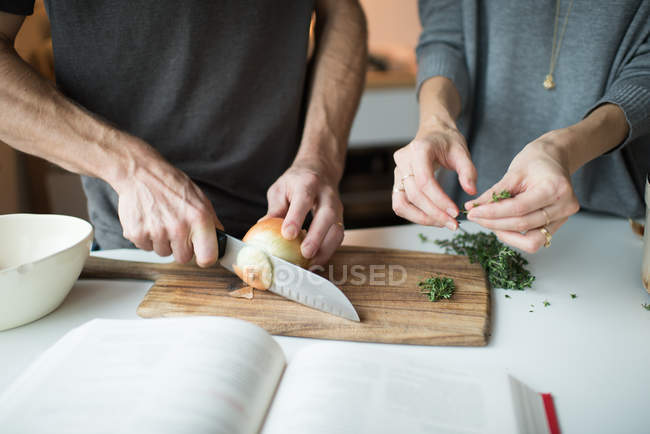 Seção intermediária de casal cortando cebolas na cozinha — Fotografia de Stock