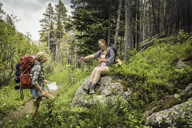 Adolescente y joven excursionista tomando un descanso en el bosque, Red Lodge, Montana, EE.UU. - foto de stock