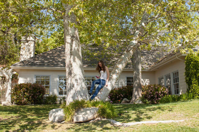 Ragazza adolescente seduta nell'albero con il cellulare — Foto stock