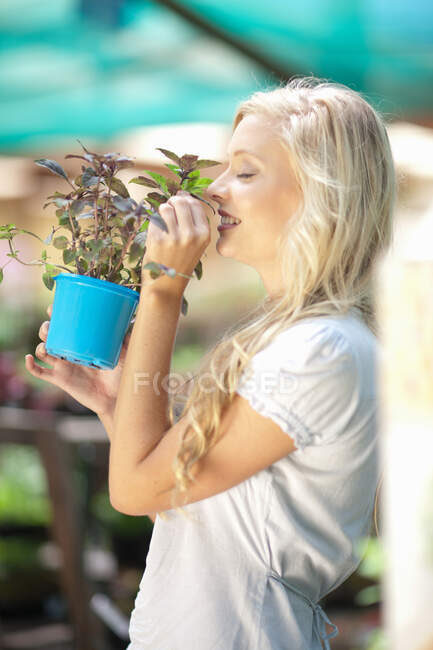 Mulher cheirando planta no berçário — Fotografia de Stock