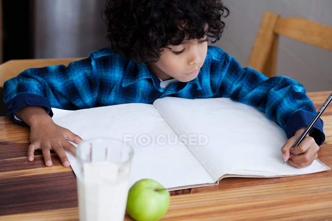 Мальчик делает домашнюю работу за столом — стоковое фото