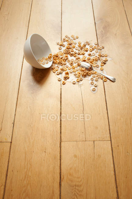 Cereais com leite derramado no chão — Fotografia de Stock