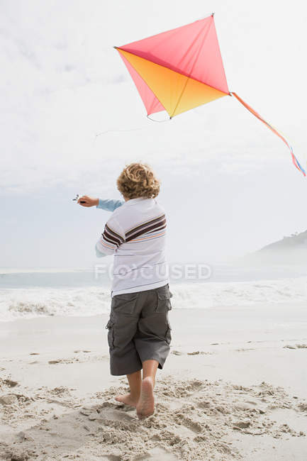 Vue arrière du petit garçon cerf-volant volant — Photo de stock