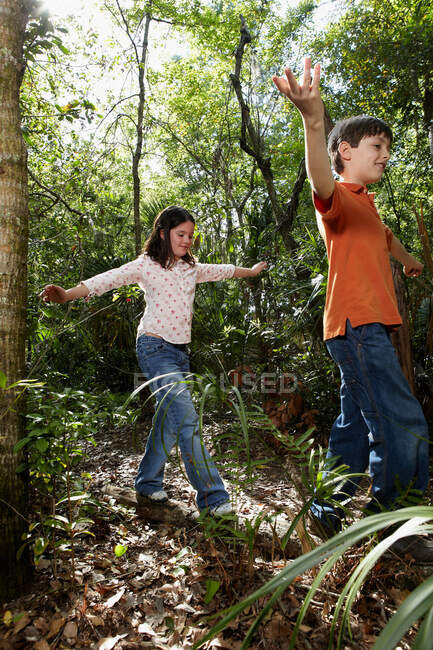 Menino e menina andando pela floresta — Fotografia de Stock