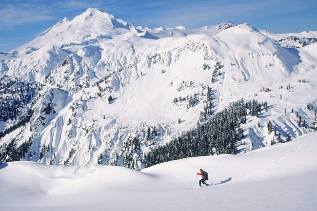 Hombre de esquí de gira en el punto del artista - foto de stock