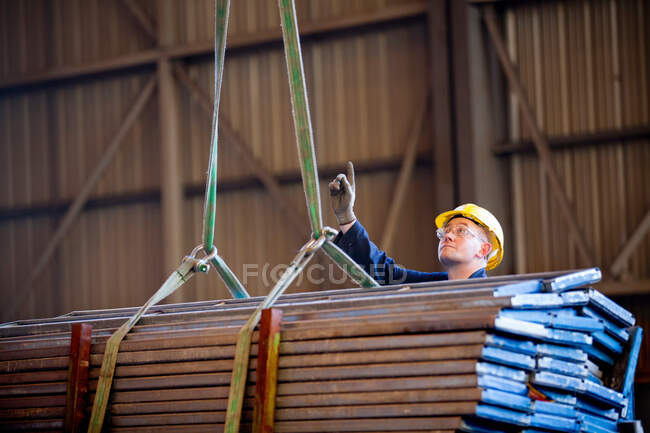 Grue de signalisation des travailleurs au chantier naval — Photo de stock