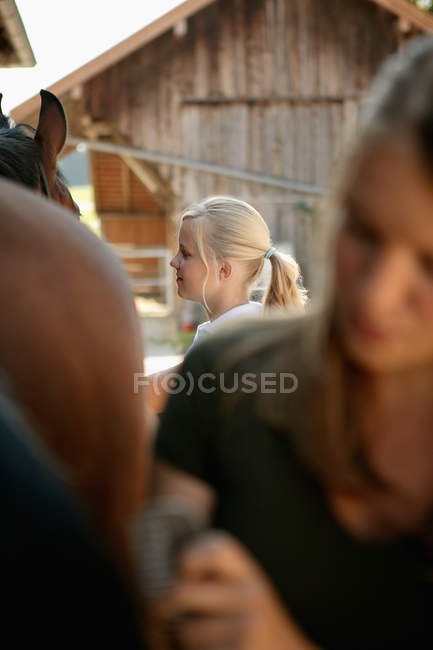Two young women grooming a horse — Stock Photo