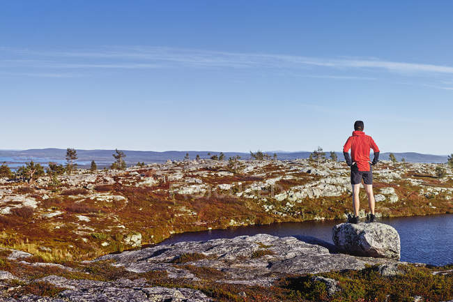 Rear view of sporty man overlooking mountains, Lapland, Finland — Stock Photo