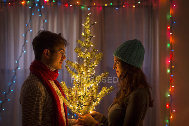 Jeune couple tenant un arbre de Noël illuminé — Photo de stock