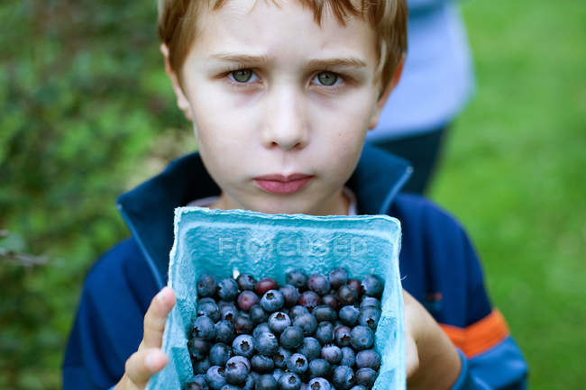 Мальчик с коробкой черники — стоковое фото