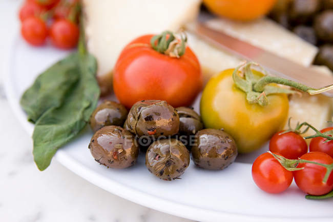 Tomatoes with cheese and herbs on plate — Stock Photo