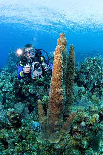 Vidéaste avec caméra nageant sur le récif corallien — Photo de stock