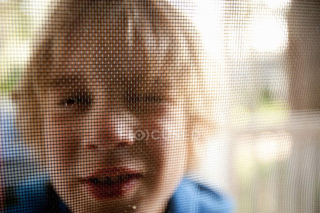 Young boy looking through door screen — Stock Photo