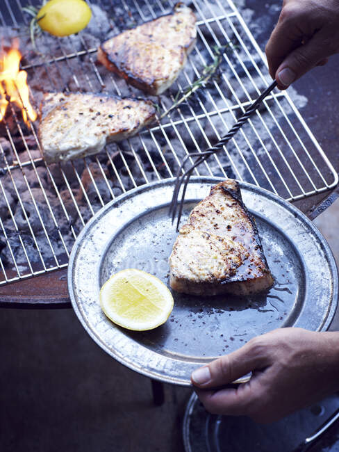 Mans prise à la main d'espadon grillé du barbecue — Photo de stock