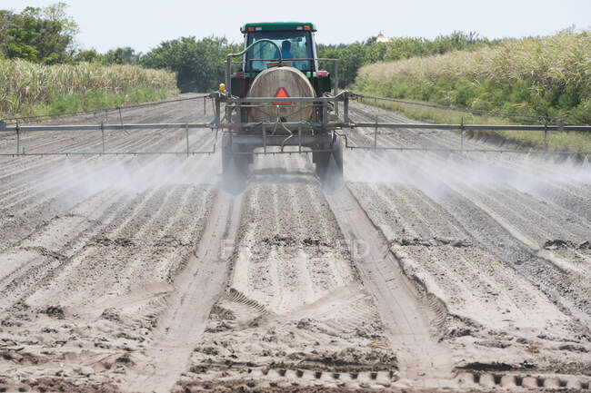 Tractor watering a field on farm — Stock Photo