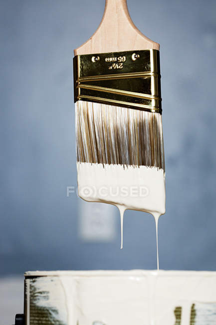 Pennello con vernice bianca gocciolante in lattina, primo piano colpo — Foto stock