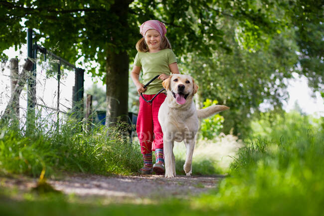 Una chica paseando a un perro - foto de stock