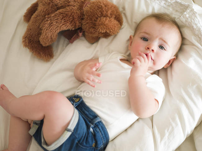 High angle view of baby girl lying down with teddy bear — Stock Photo