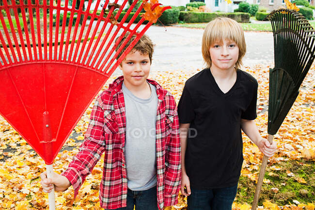 Dos chicos sosteniendo rastrillos - foto de stock